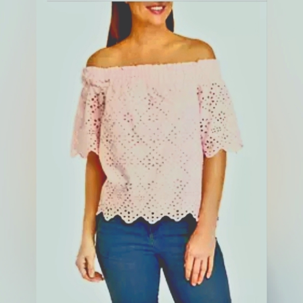 Crown & Ivy Pink Eyelet Off-Shoulder Blouse